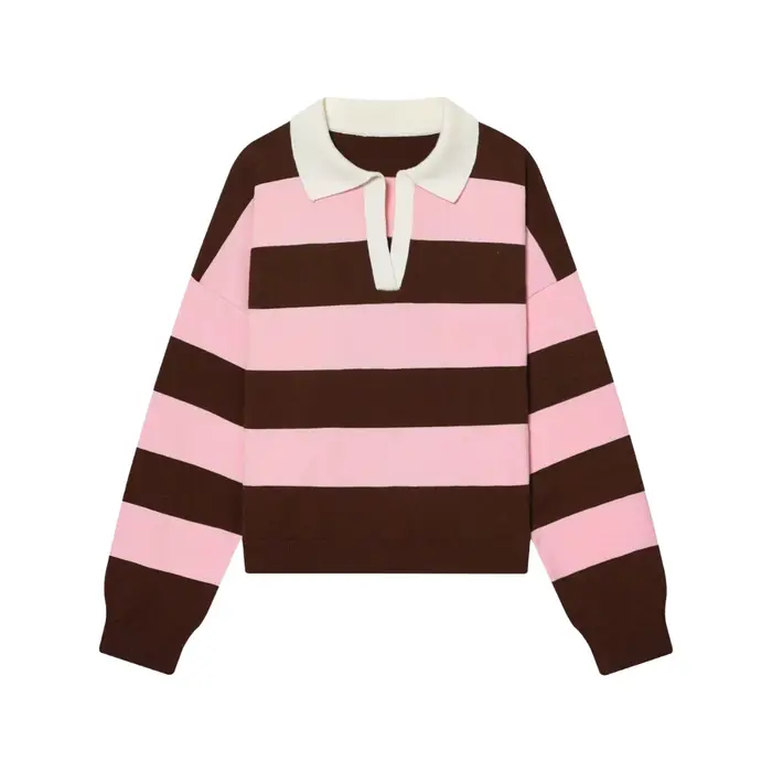 Nouvelle Arrivée Hiver – Pull Tricoté à Col Polo Rayé à Manches Longues – Style Décontracté Confortable en Fibre de Polyester Coupe Ample