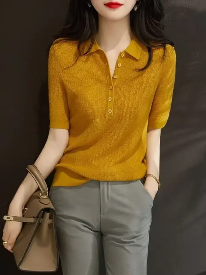 Chemise à col Polo jaune bouton tricoté rose t-shirts pour femmes haut uni vêtements t-shirt à manches courtes nouvelle esthétique synthétique été 2025