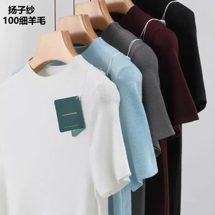 T-shirt en laine mérinos superfine 100% filé fin Yangtze allemand 120's, col semi-montant, tricoté à manches courtes, couche de base, coupe ajustée pour femme, pull fin tendance pour le quotidien