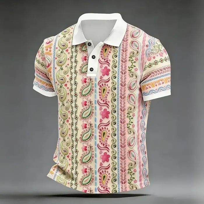 Chemises polo pour hommes à imprimé paisley 3D, manches courtes, col boutonné, décontractées, pour l