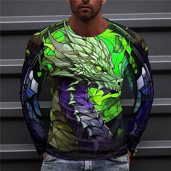 T-shirt Dragon coloré à manches longues et col rond pour hommes