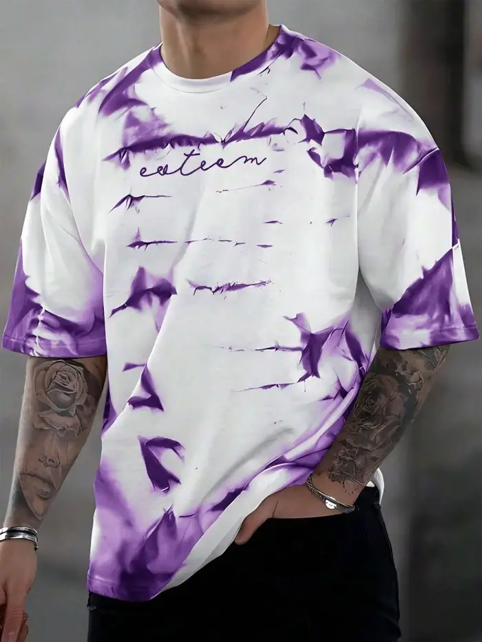 T-shirt à col rond avec imprimé lettres tie-dye, confortable et élégant, respirant, adapté aux sport