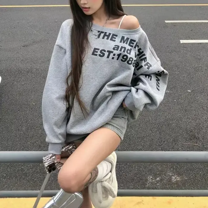 Sweat-shirt à manches longues pour femme, haut Kpop en coton, épaules dénudées, Y2k, asymétrique épa