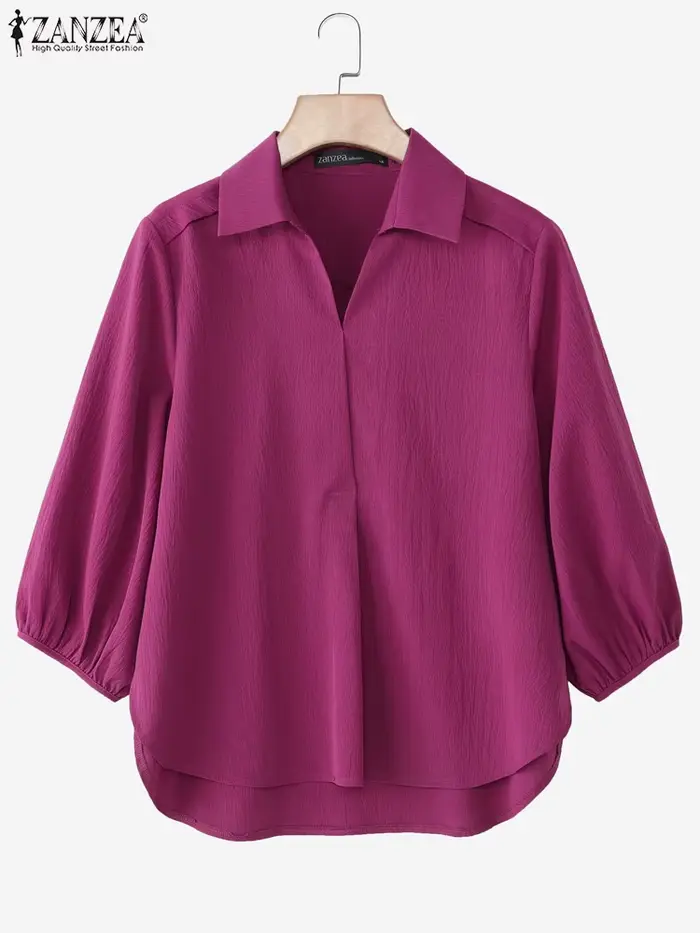 ZANZEA femmes chemisier asymétrique 3/4 lanterne manches couleur unie hauts mode col rabattu tunique