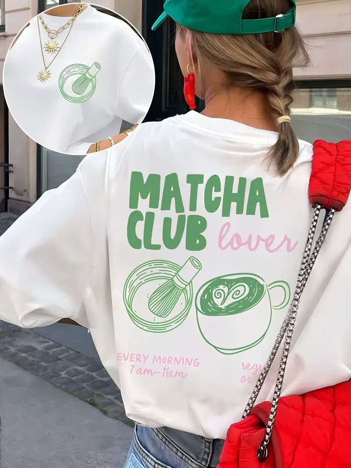 T-shirt graphique Matcha Club Lover pour femme, mignon imprimé Matcha Latte vert, tee-shirt décontra