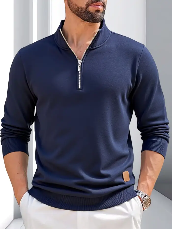 Robe pull à fermeture éclair pour hommes, pull Slim, col montant, décontracté, couleur unie, manches