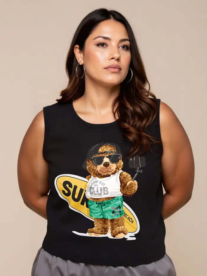 Débardeur pour femmes grandes tailles, 100% coton, sans manches, imprimé, t-shirt décontracté d'été, style streetwear décontracté, haut à manches courtes pour les vacances
