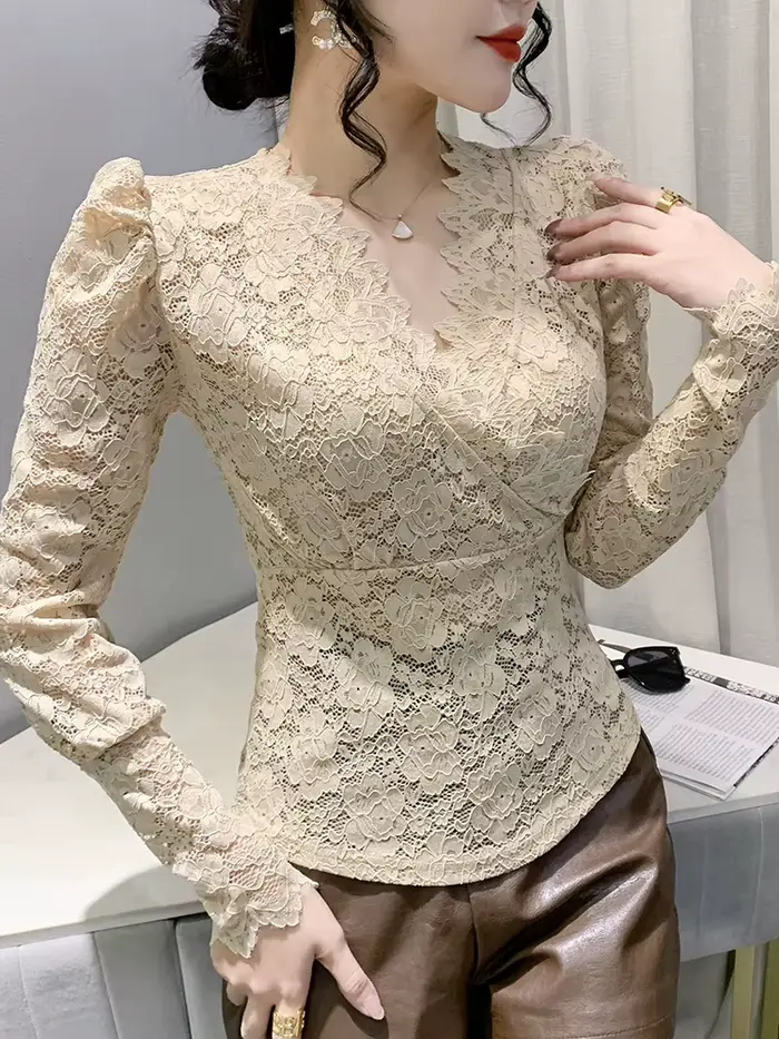 T-shirt à col en V croisé à manches longues pour femmes, simple couche, dentelle évidée, t-shirts mi