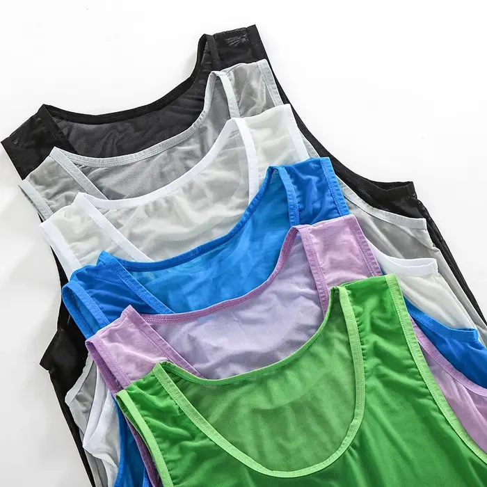 Hommes sans manches maille pure réservoir vêtements d'extérieur gilet d'entraînement résille évider voir à travers le maillot de corps