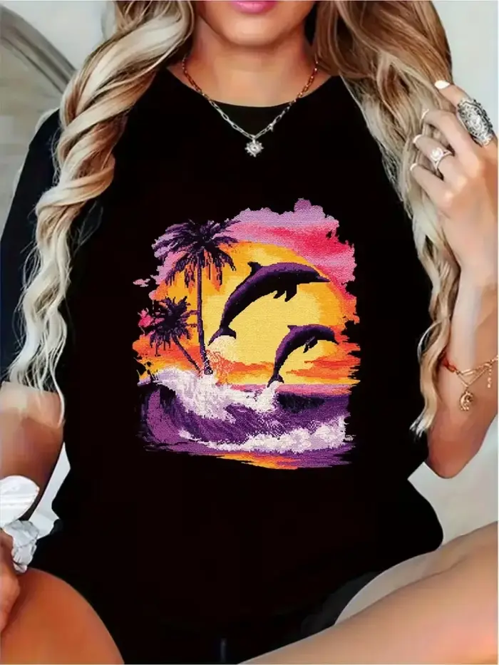 T-shirt de plage tropical beige clair pour femme - Haut d'été à manches courtes et col rond avec motif palmier et ambiance estivale pour le printemps et l'été