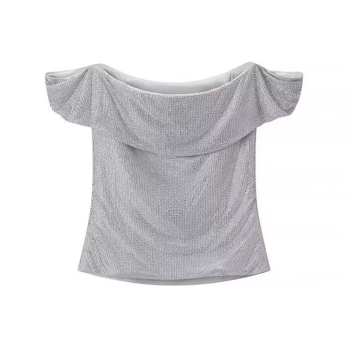 HH femmes nouvelle mode sans manches hauts courts argent dos nu diamant décoration femme été Sexy mi