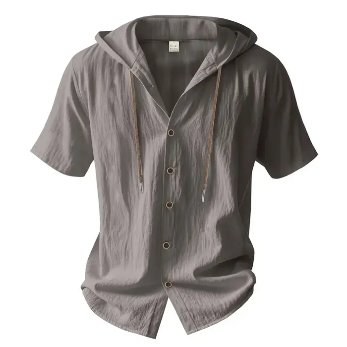Chemise en coton et lin pour hommes, à capuche, manches courtes, couleur unie, respirante, légère, a