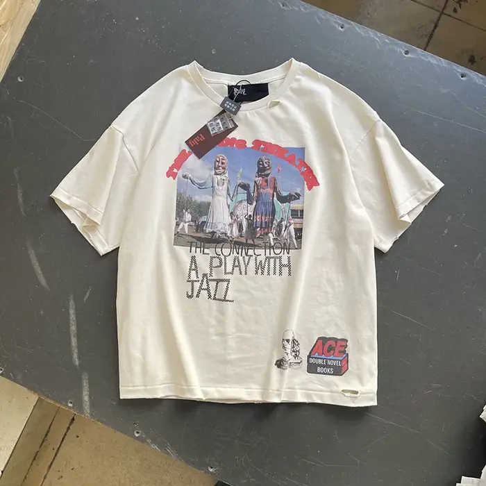 T-shirt décontracté vintage streetwear délavé pour homme et femme, col rond, effet vieilli et déchir