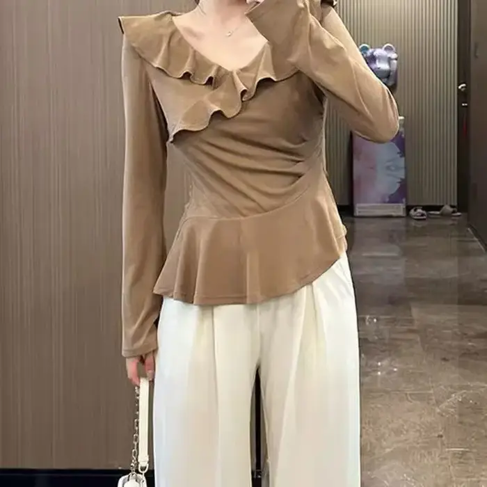 T-Shirt à manches longues et col en v pour femme