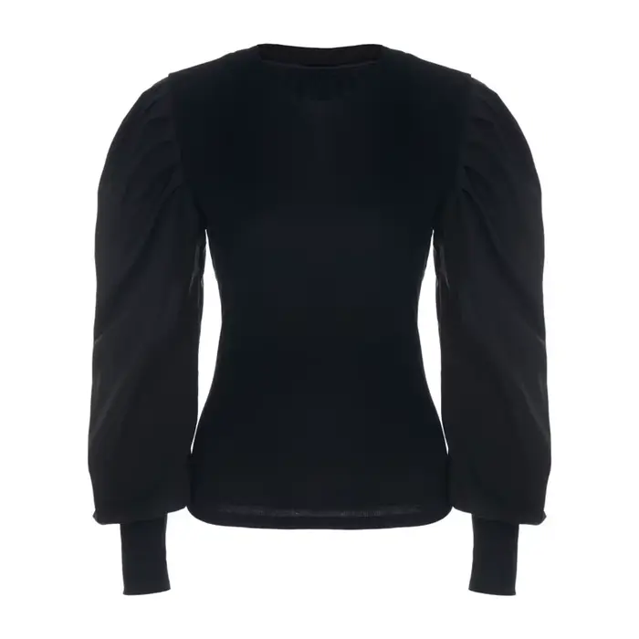 T-shirt à manches longues bouffantes à volants pour femmes, pull slim, pull monochrome, noir et blan