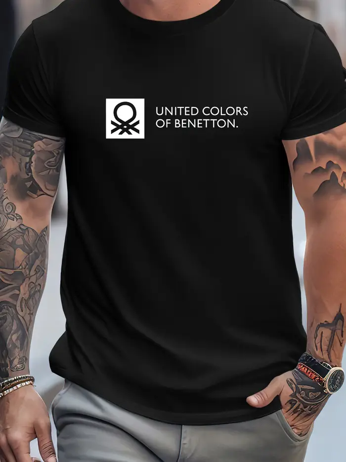 T-shirt Homme BENETTON Décontracté Tendance Manches Courtes Imprimé T-shirt de Marque Haut d'Été Sty