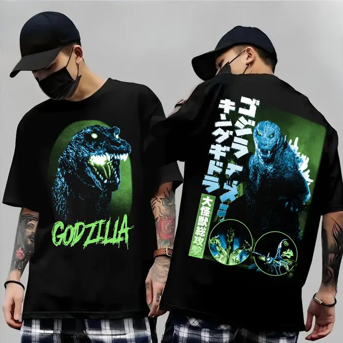 T-shirt à manches courtes double face Godzilla Kanji pour hommes et femmes