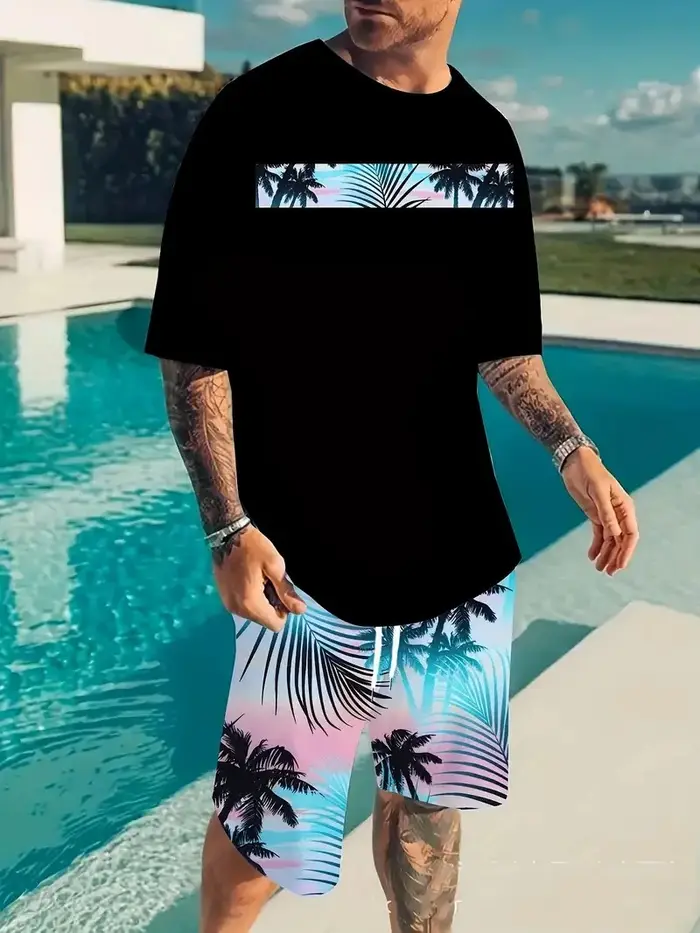 Plage hawaïenne imprimé été hommes T-shirt ensemble vêtements de sport