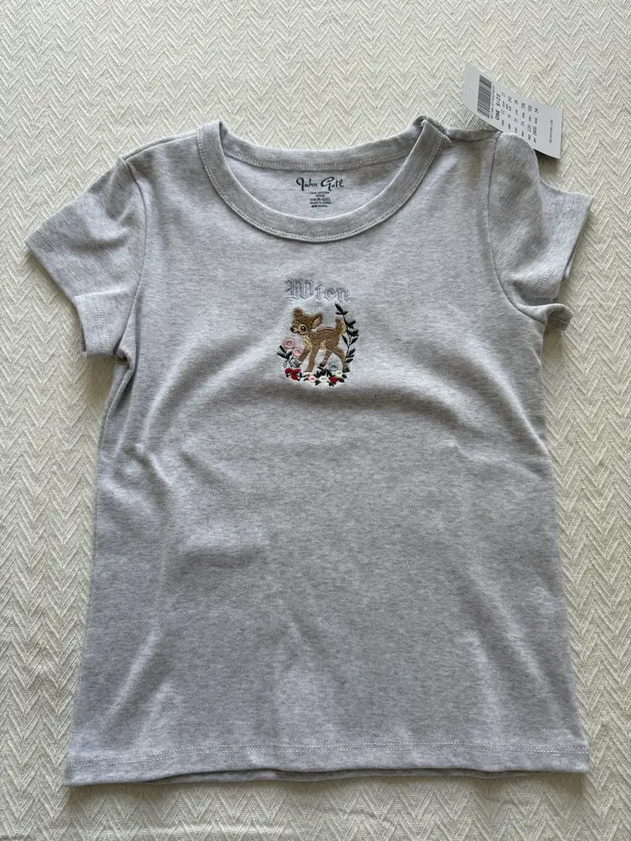 Fleur petit cerf broderie T-shirt col rond coton mince à manches courtes t-shirts femme doux mignon 