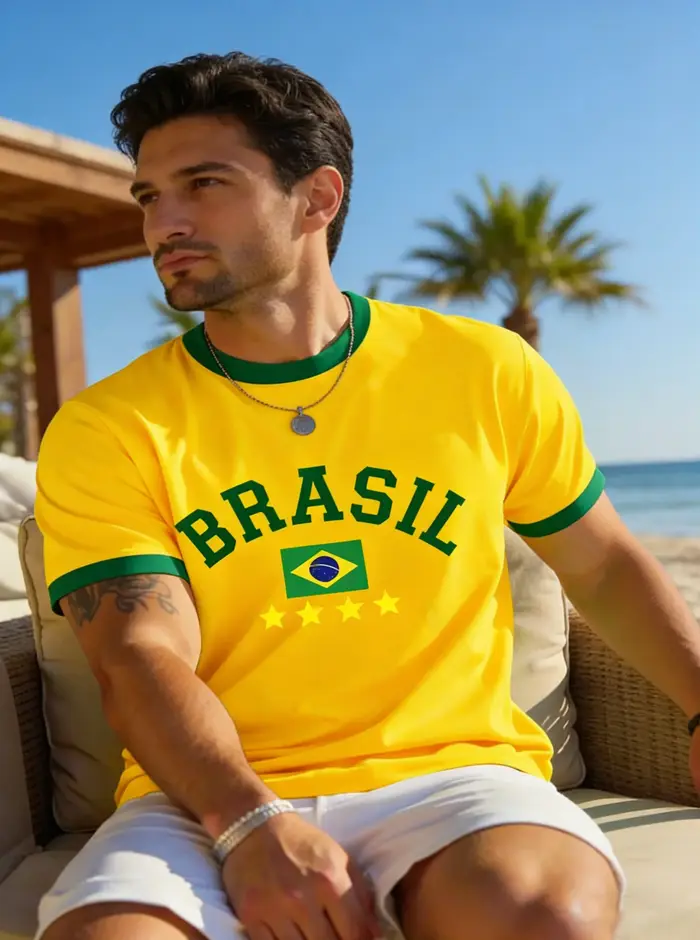 T-shirt d'été pour hommes, imprimé drapeau national du brésil en 3D, haut à manches courtes, col ron
