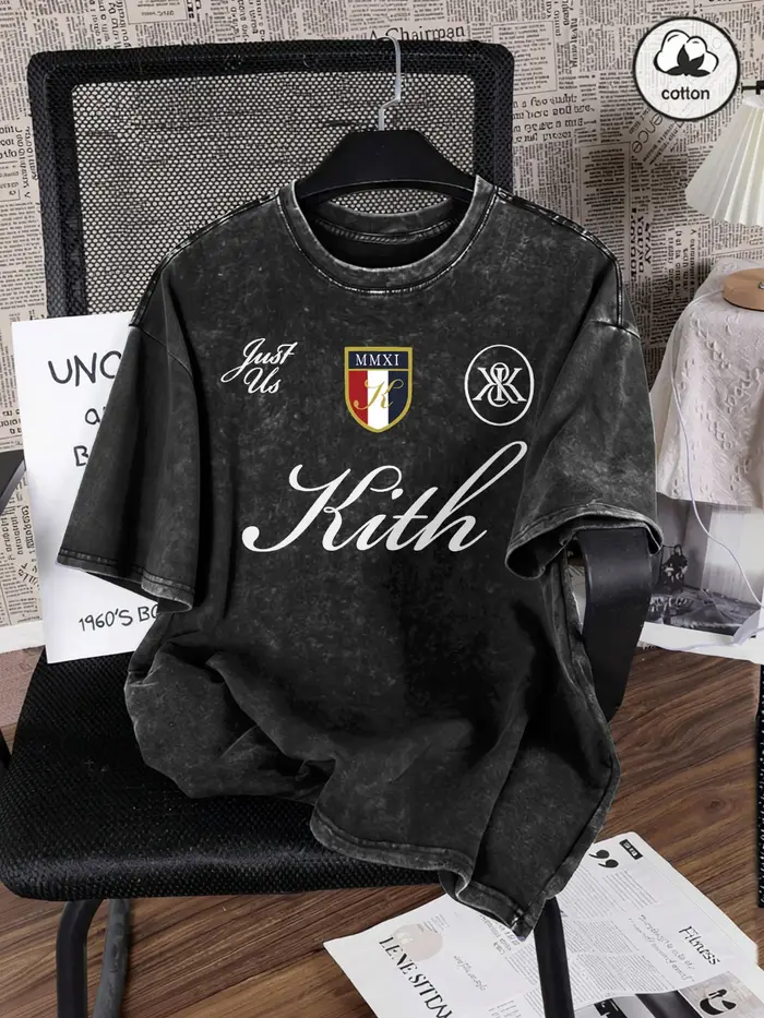 T-shirt délavé en coton pour homme Just Us Kith Art Letter Printing