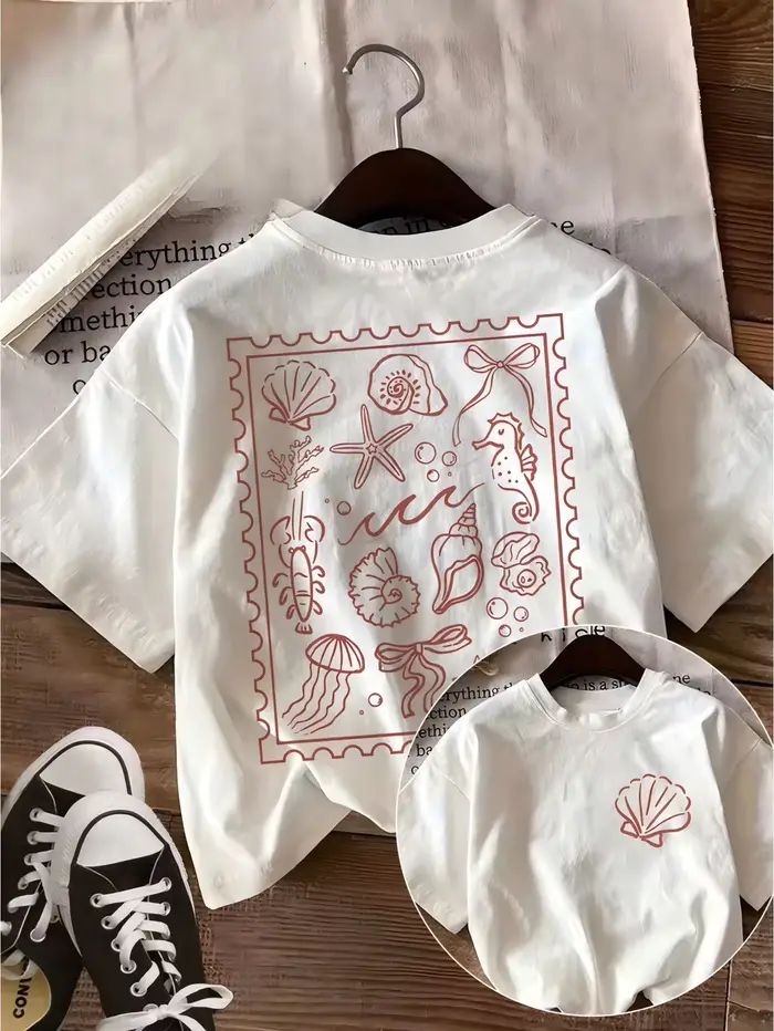 T-shirt unisexe décontracté d'été avec motifs d'animaux marins (hippocampe, étoile de mer) – Esthéti