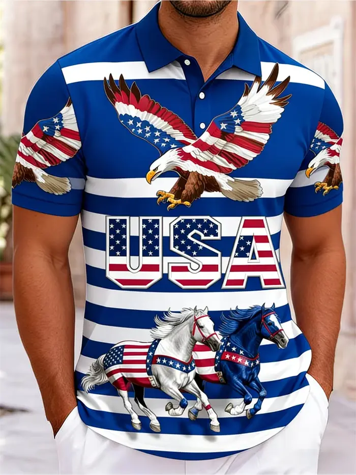 Patriotic USA 250 Memorial Polo Shirt Men Eagle Liberty Statue 3D Print Short Sleeve Breathable Streetwear For Summer Daily Wear