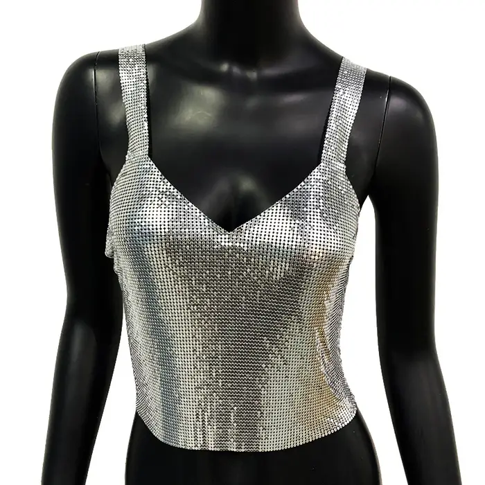 Bretelles sangle col en V dos nu débardeurs femmes Club tenue de fête été métal paillettes vacances plage porter à la main gilets courts