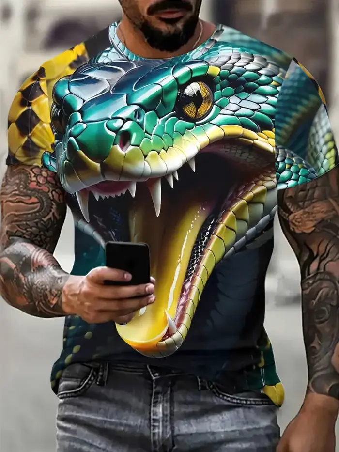Mode 3D Serpent Imprimé T-Shirt pour Hommes Motif Animal Drôle Surdimensionné