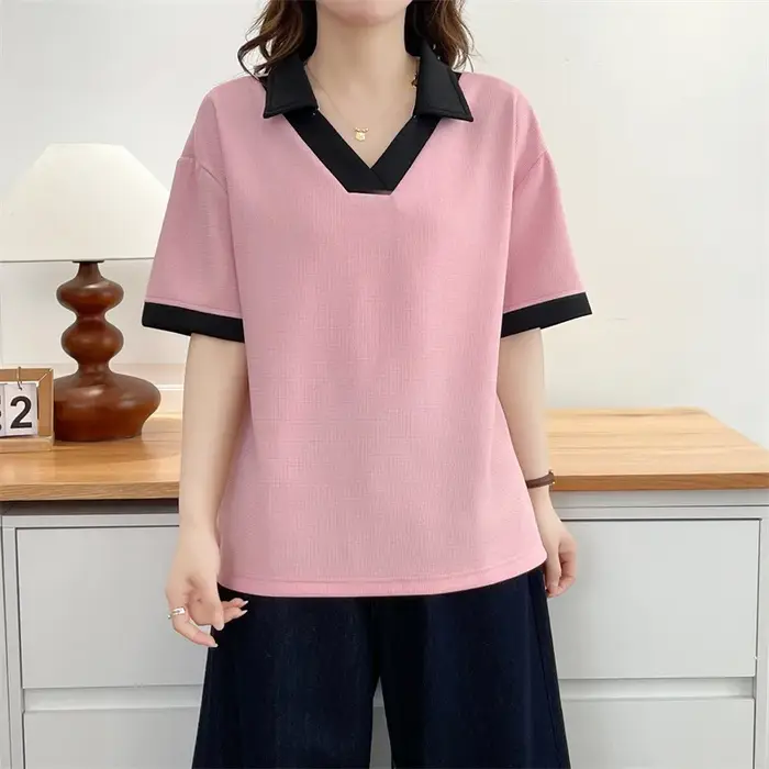 T-shirt décontracté à col polo et blocs de couleur pour femme grande taille