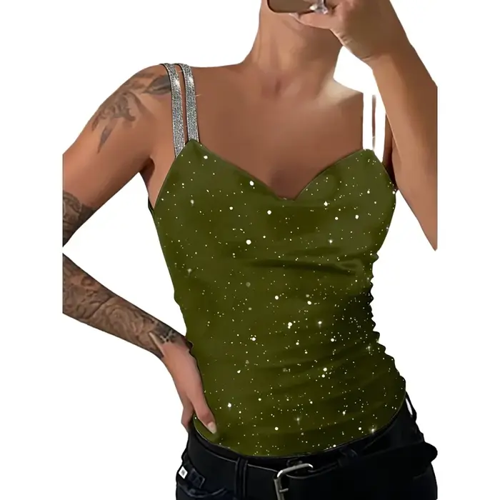 Débardeur chic et glamour pour femme, en satin, froncé, avec bretelles en strass, coupe ajustée, idé