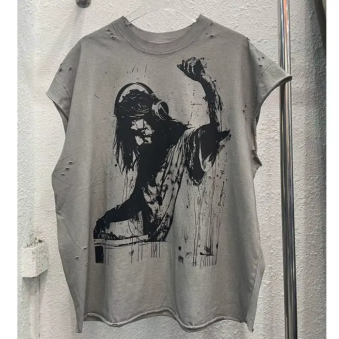 High Street sale endommagé trou dieu est un DJ débardeurs hommes femmes surdimensionné Saint manches-coupées T-Shirt