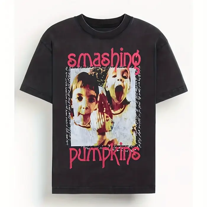 T-shirt graphique Smashing Pumpkins Twins pour hommes avec lettrage rose et motif jumeaux, col rond