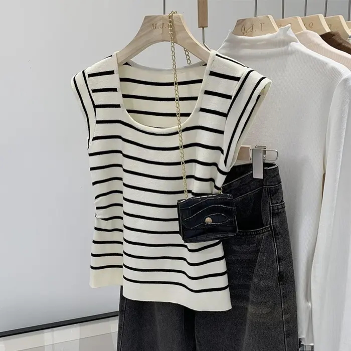 Nouveauté 2026 – Débardeurs rayés tricotés sans manches pour femme – T-shirts courts élastiques et d