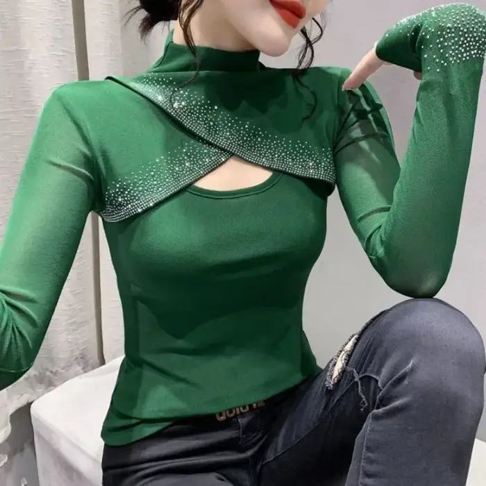 T-shirt à manches longues pour femmes noir paillettes printemps haut d'automne femme strass
