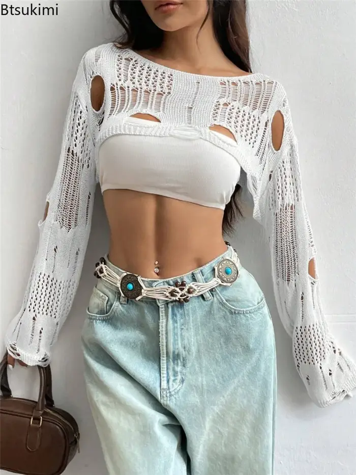 Femmes Sexy à manches longues voir à travers le crochet supérieur fleur trou creux tricoté Smock court pull femme