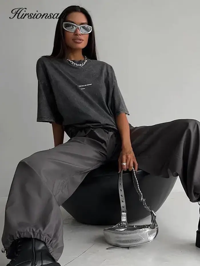 Hirsionsan-T-shirt Délavé à l'Acide pour Femme, Streetwear Imprimé Vintage, Marque de Luxe, Y2k