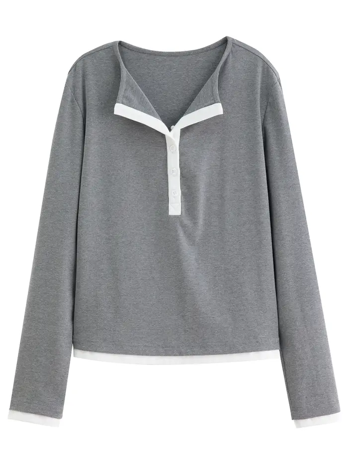 DUSHU automne 2025 T-Shirt à manches longues pour femmes-haut à col Henley à blocs de couleurs contrastées avec tissu