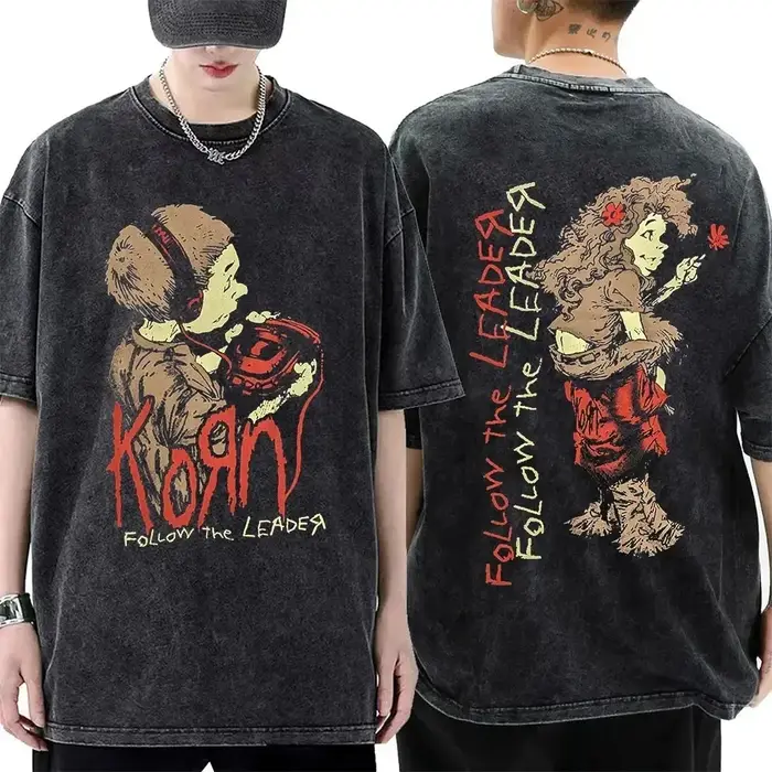 T-shirt en coton délavé vintage avec impression d'affiche classique du groupe rock Korn