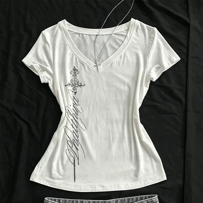 T-shirts pour femmes, col en V, coupe slim, imprimé vintage, élégant, grunge, gothique, esthétique Y