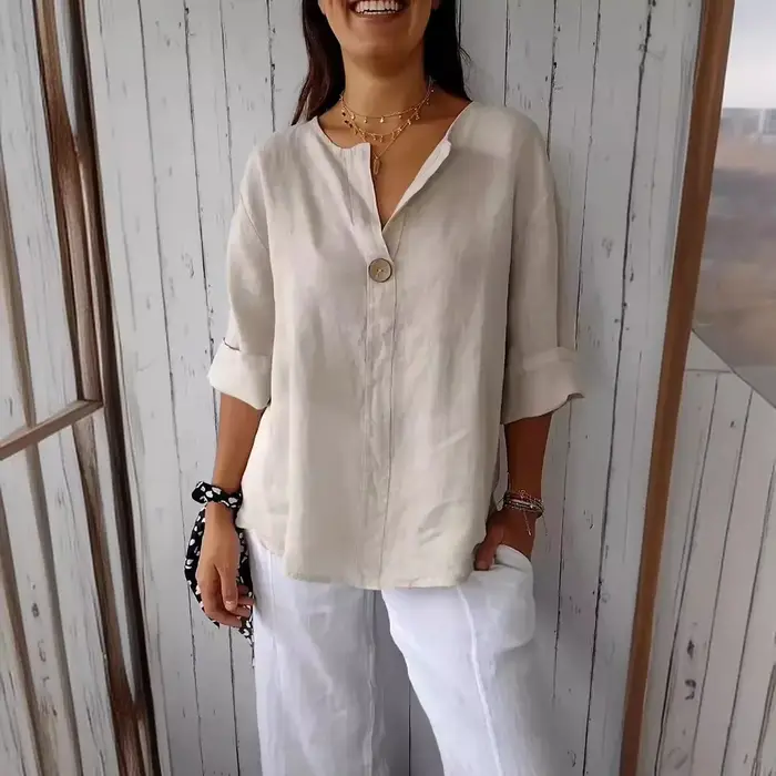 Lâche coton lin boutonné col en V t-shirt femmes été nouveau Style transfrontalier haut décontracté à la mode coupe