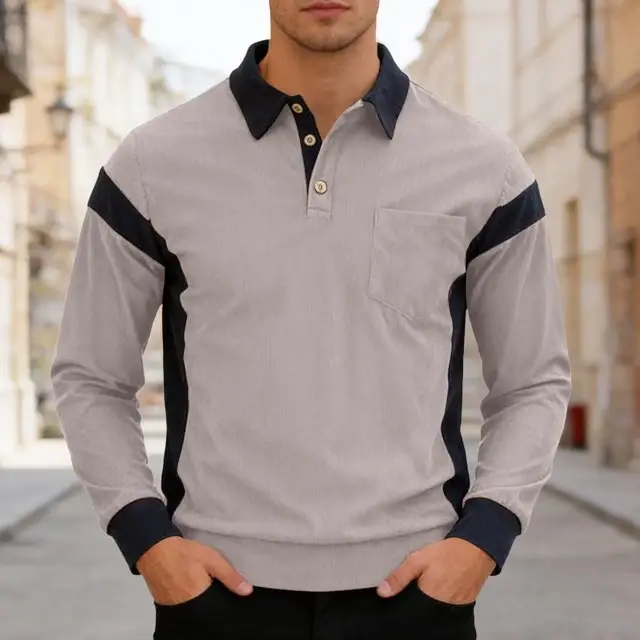 Nouveauté 2025 – Polos Homme Colorblock Tendance à Col Revers et Manches Longues avec Boutons pour Tenues Décontractées et Streetwear