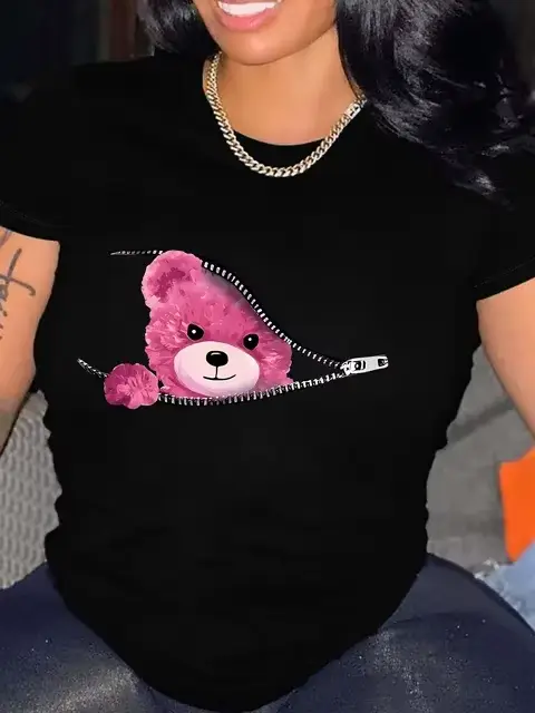 T-shirt à imprimé graphique drôle d'ours pour femmes, haut décontracté à col rond à manches courtes 