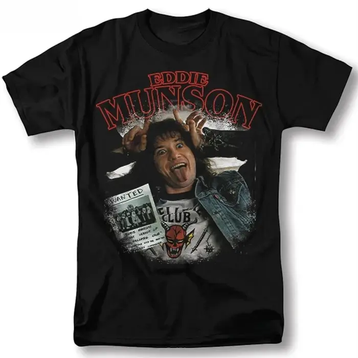 Eddie Munson Hellfire Club vintage années 90 Rock Band T-shirt graphique unisexe coupe régulière à manches courtes avec art d'album emblématique