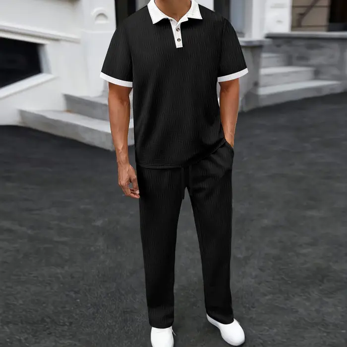 Ensemble 2 pièces polo et pantalon texturé pour homme avec col contrastant – Survêtement décontracté pour le streetwear quotidien