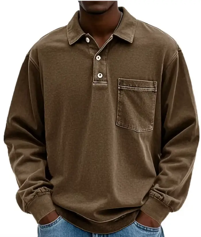 Polo à manches longues gris foncé style rétro américain