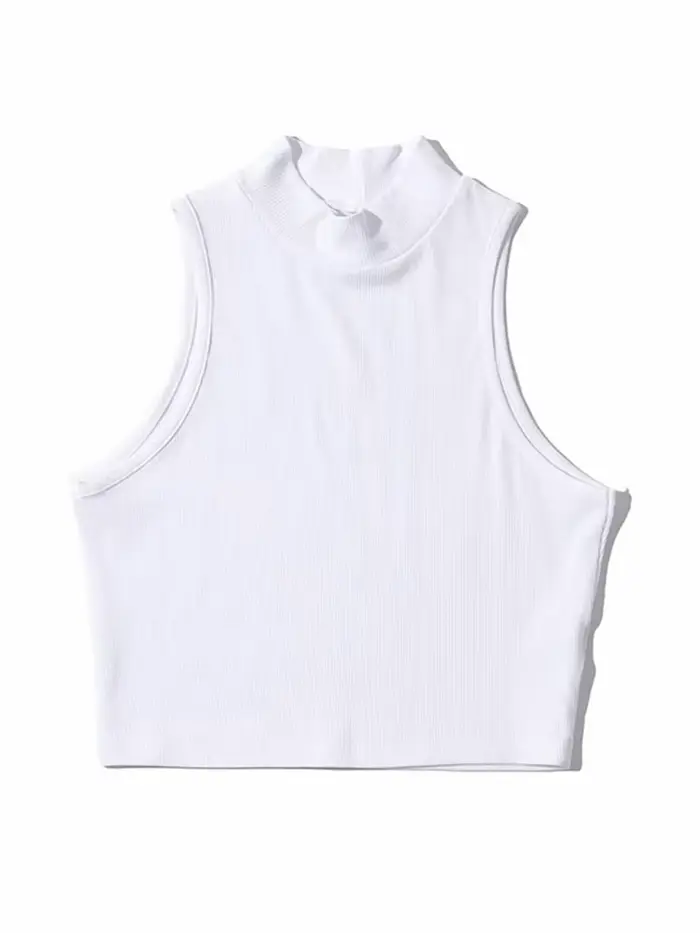 Haut Court sans Manches pour Femme, Col Haut, Blanc, 5 Couleurs, Vêtement à la Mode, Été