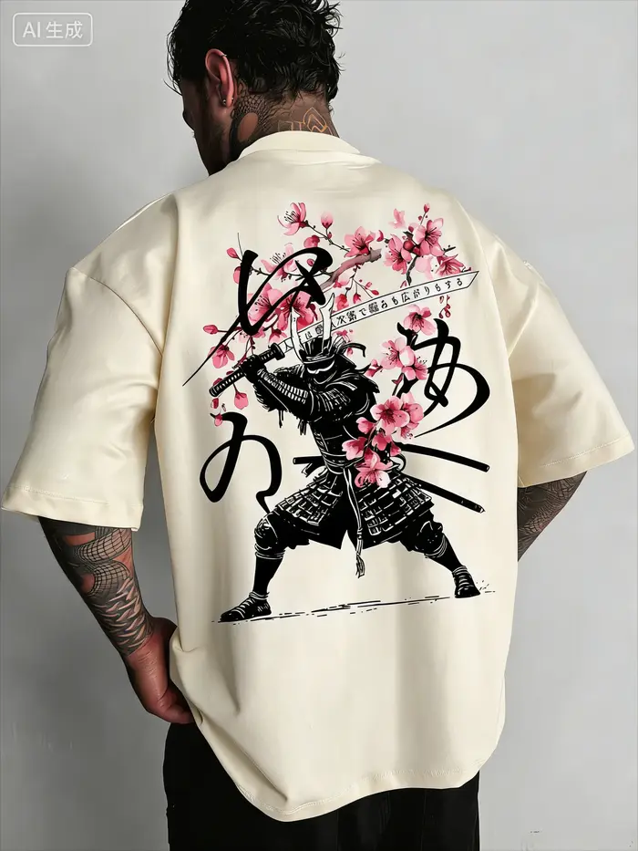 T-shirt imprimé couteau de samouraï japonais à fleurs de cerisier pour homme