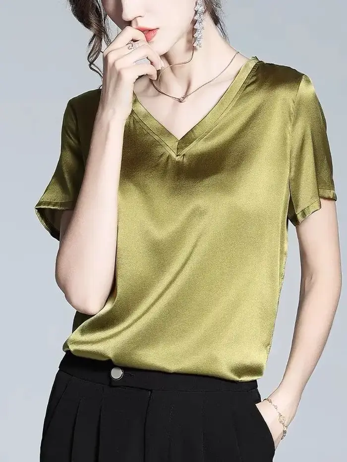 Ice InjT-T-shirt à manches courtes en satin acétate pour femme, haut ample et décontracté, chemise d