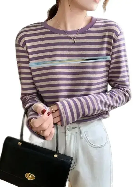 Chemise rayée d'allaitement à col rond pour femme, chemise à manches longues, t-shirts d'allaitement